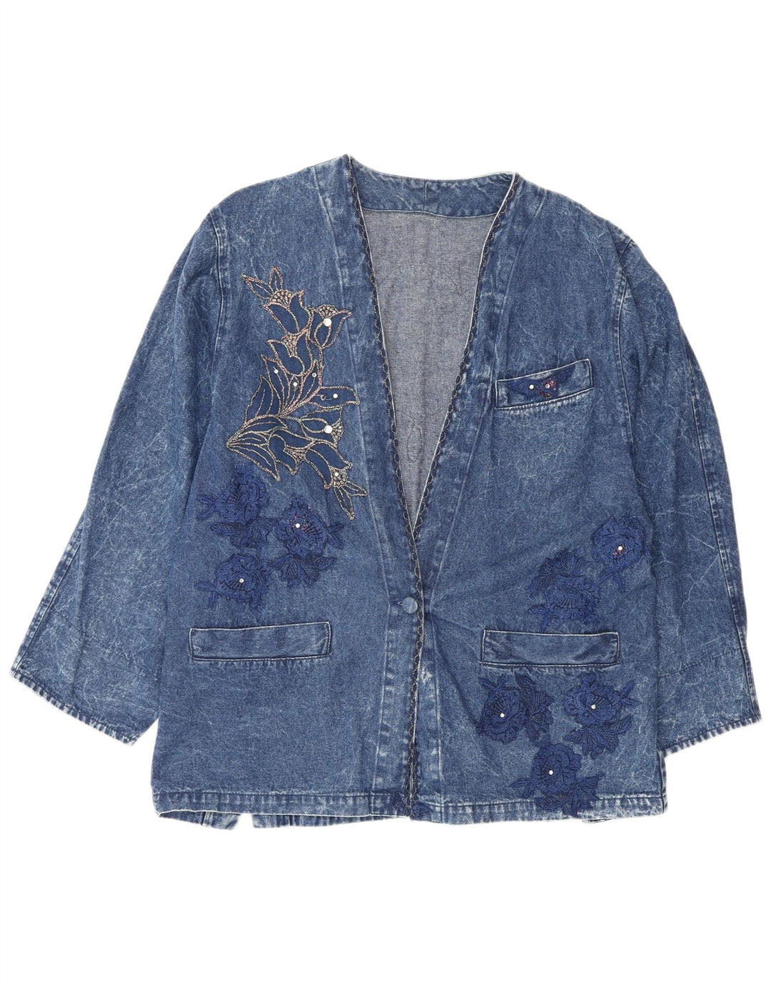 Vintage damska graficzna, luźna kurtka dżinsowa IT 42, średnia niebieska bawełna