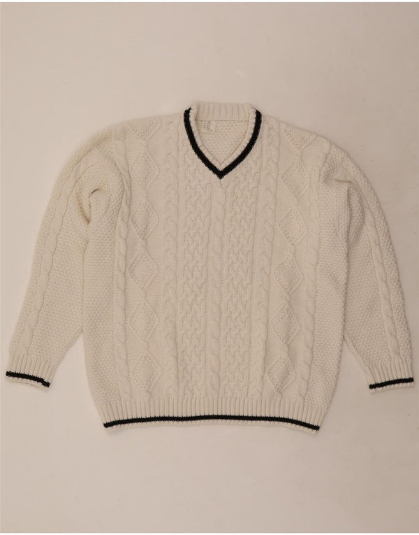 Sweter damski w stylu vintage z dekoltem w szpic, UK 20/22 XL, biały akryl