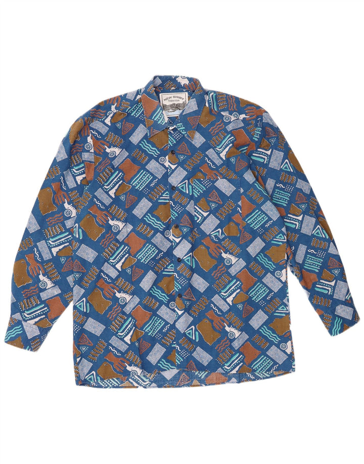 Koszula męska w stylu vintage, rozmiar 43/44 XL, niebieski, geometryczny poliester