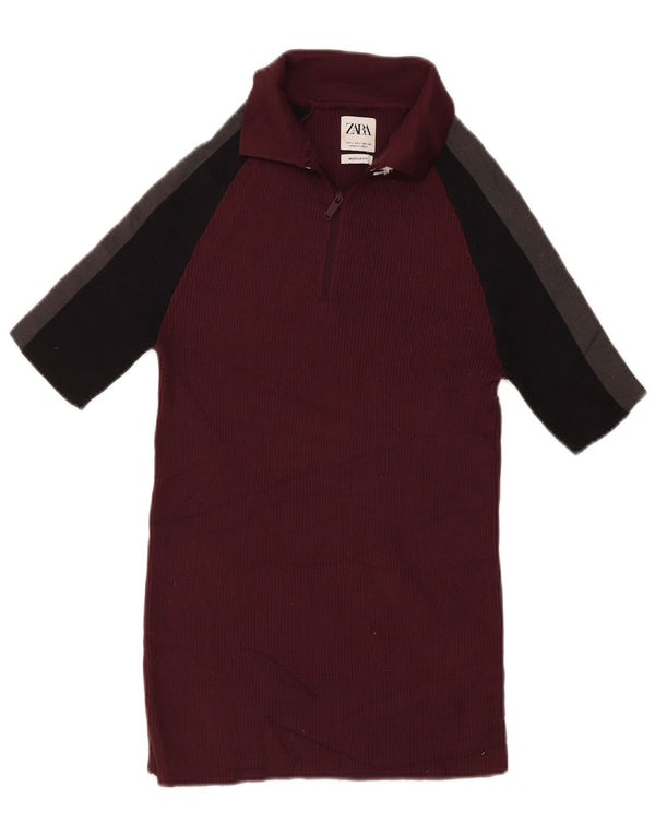 Zara Mens Muscle Polo Shirt Large Burgundy Colourblock Polyamide