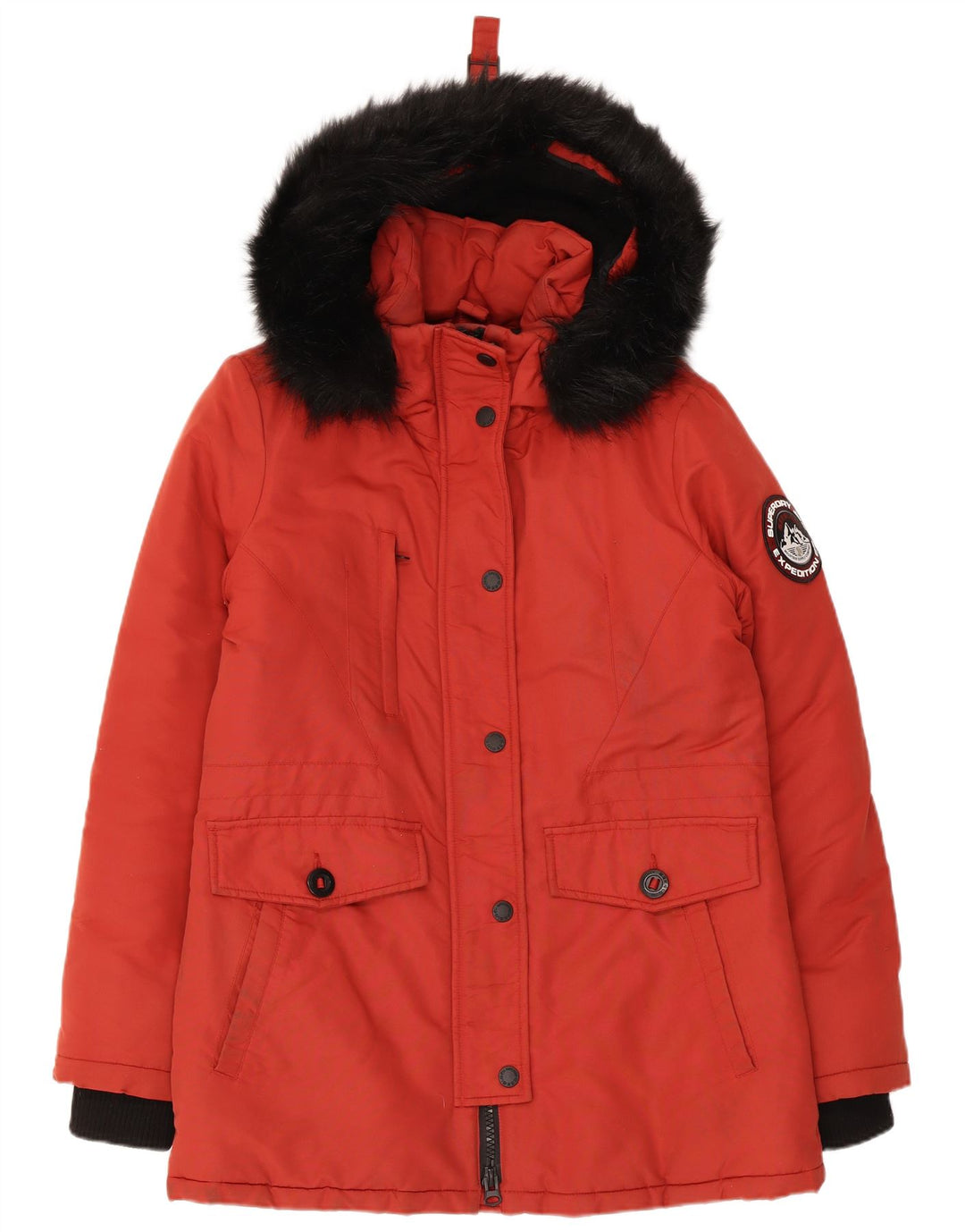 Damska kurtka typu parka z kapturem, oversize Superdry UK 10, mała, czerwona, z blokami kolorów