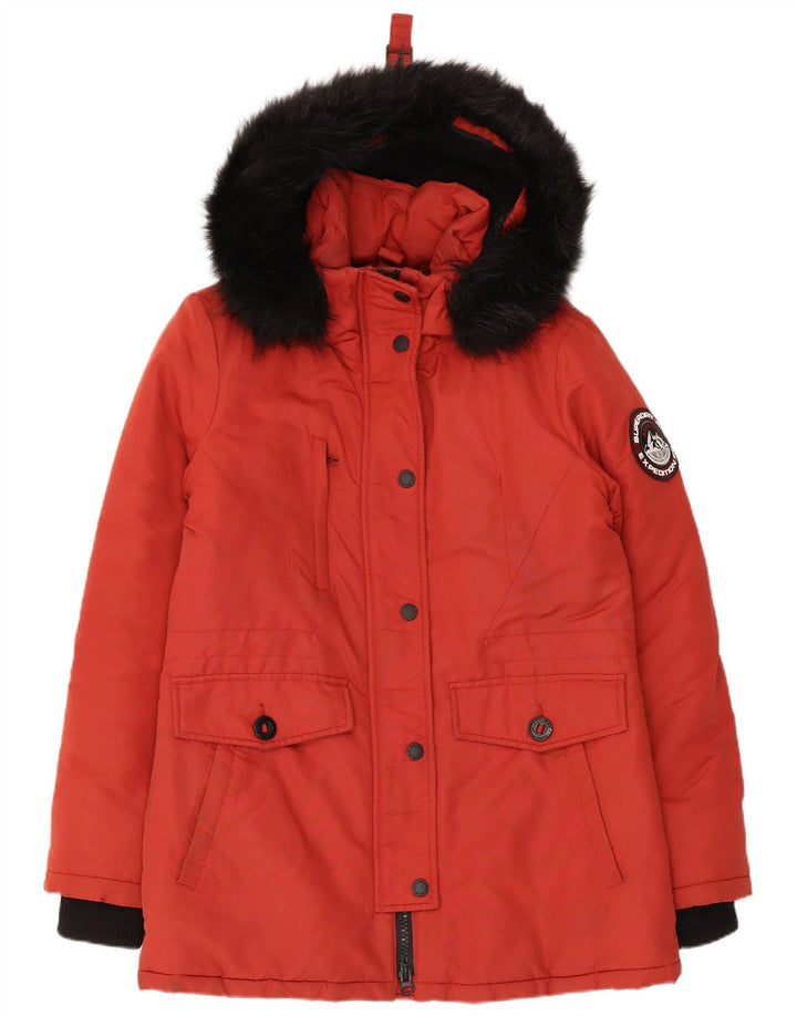 Damska kurtka typu parka z kapturem, oversize Superdry UK 10, mała, czerwona, z blokami kolorów