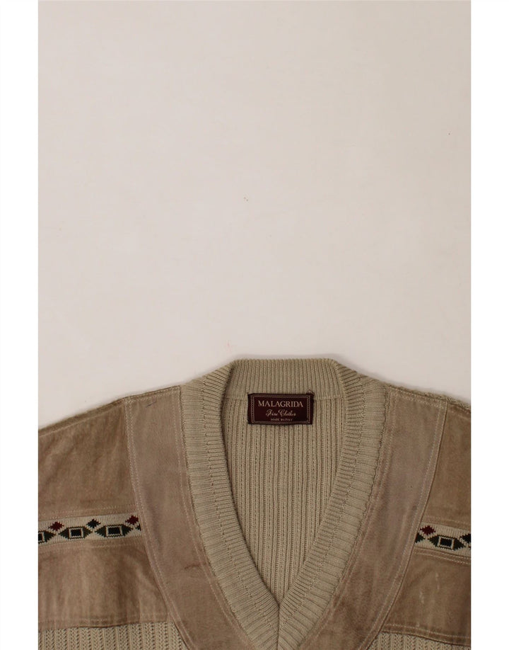MALAGRIDA Mens V-Neck Jumper Sweater XL Beige Colourblock Wool Vintage Malagrida and Second-Hand Malagrida from Messina Hembry 