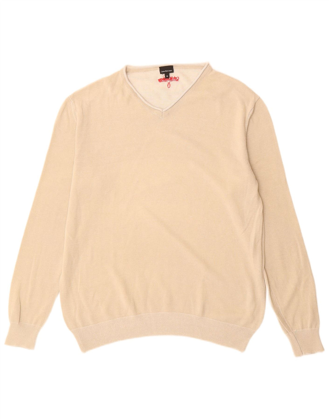 Męski sweter Calvin Klein Jeans z dekoltem w kształcie litery V, średnio beżowy, bawełniany