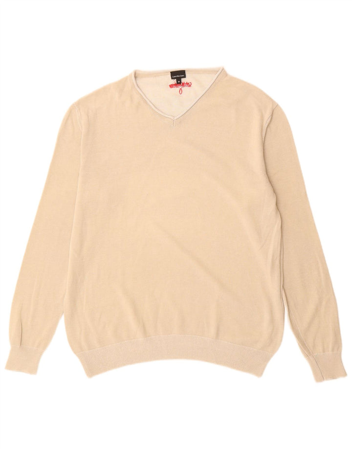 Męski sweter Calvin Klein Jeans z dekoltem w kształcie litery V, średnio beżowy, bawełniany