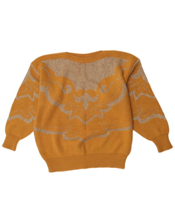 Vintage damski sweter z abstrakcyjnym wzorem i dekoltem w łódkę UK 18 XL żółty