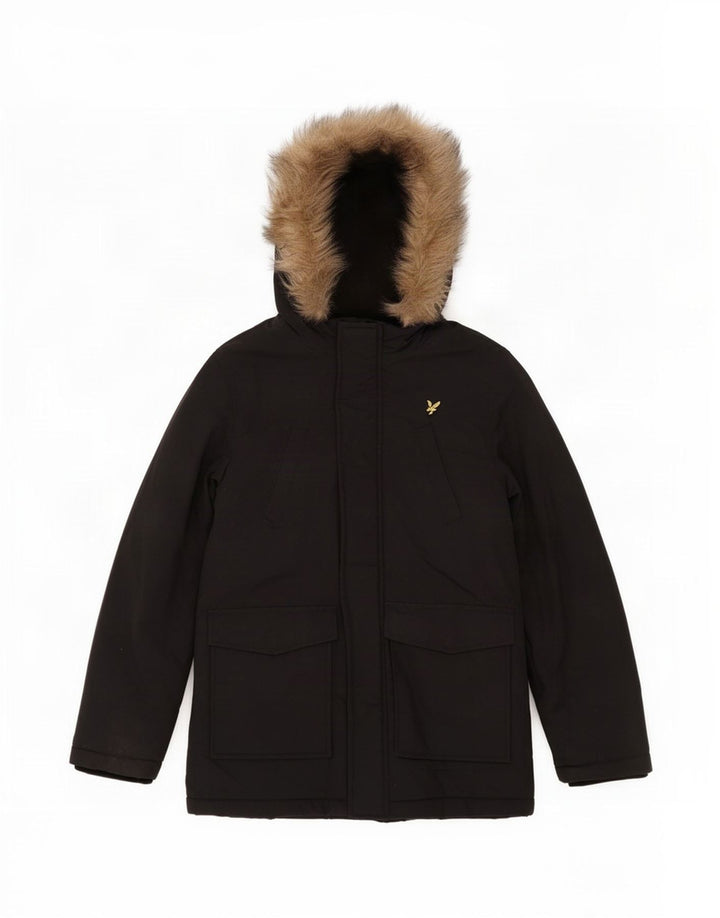 Lyle & Scott Chłopięca kurtka parka z kapturem, 7-8 lat, czarna, nylonowa