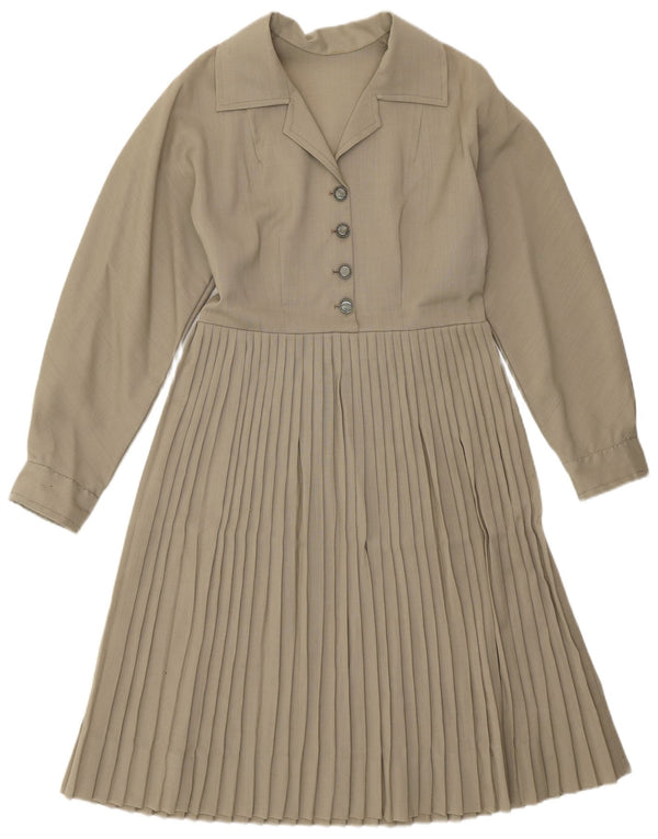 Vintage damska sukienka o linii A z długim rękawem UK 12 Medium Khaki