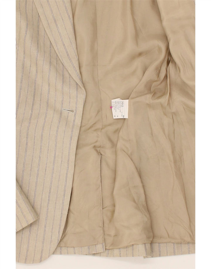 BENETTON Womens 1 Button Blazer Jacket IT 44 Medium Beige Pinstripe Cotton Vintage Benetton and Second-Hand Benetton from Messina Hembry 