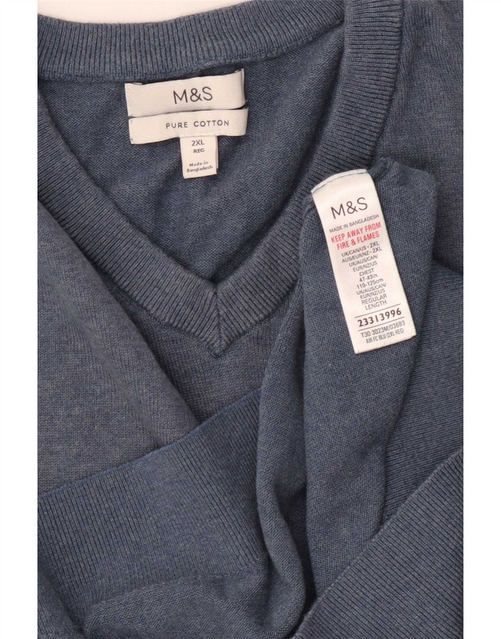 Marks & Spencer Męski sweter z dekoltem w kształcie litery V, 2XL, niebieski, bawełniany