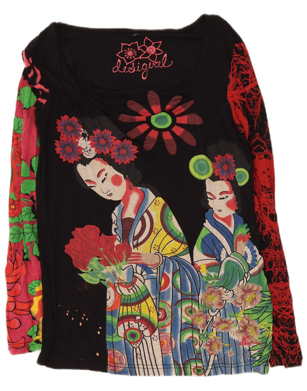 Desigual damski top graficzny z długim rękawem UK 14, duży, czarny w kwiaty