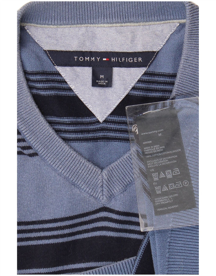 TOMMY HILFIGER Męski sweter z dekoltem w kształcie litery V, bawełniany w średnie niebieskie paski