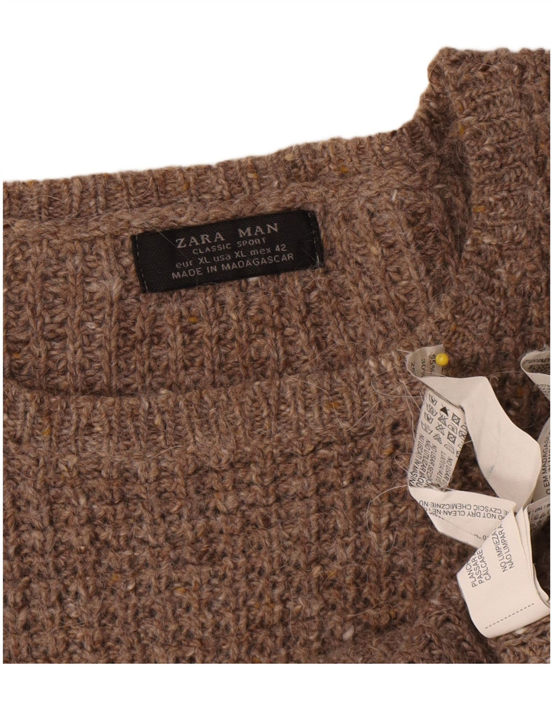 Męski sweter z okrągłym dekoltem Zara XL, brązowa wełna