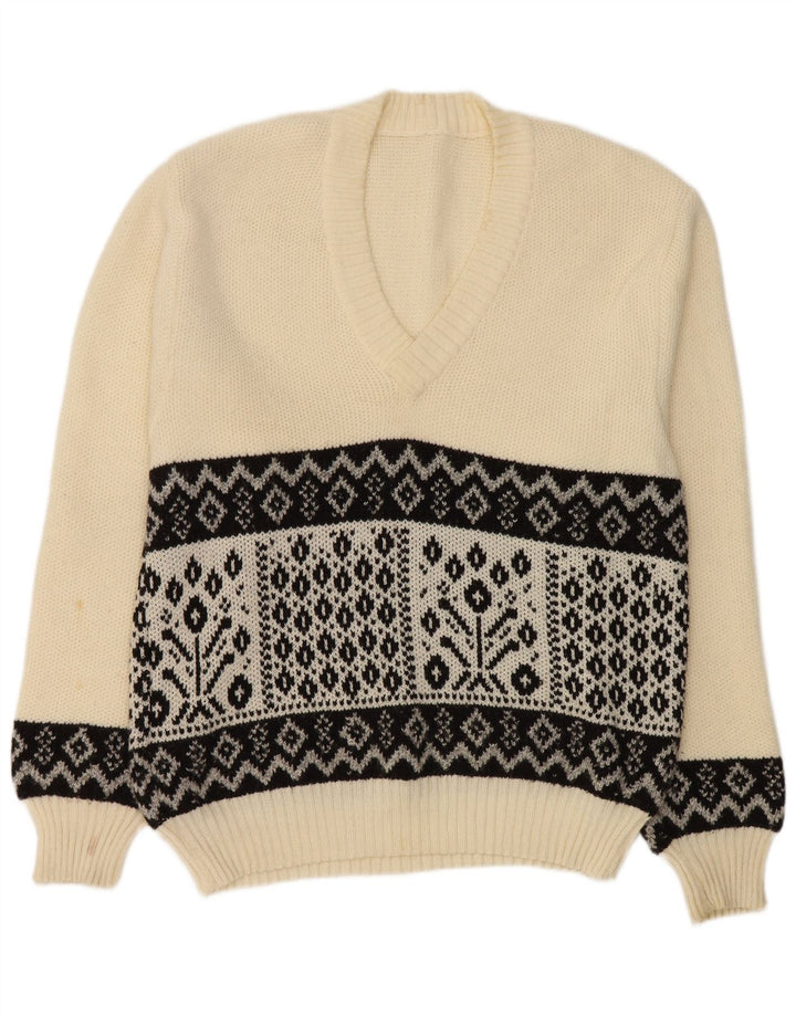 Vintage męski sweter z dekoltem w kształcie litery V, średnio biały, geometryczny