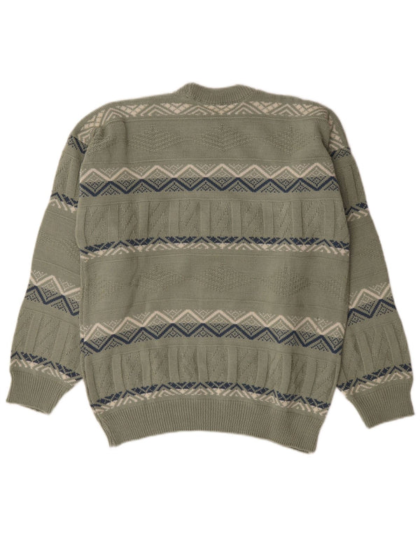 Vintage Mens Crew Neck Jumper Sweater Medium Khaki Geometric Cotton