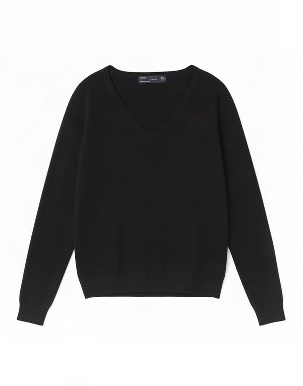 Sweter damski Zara z dekoltem w kształcie litery V, UK 12, średni czarny, bawełniany