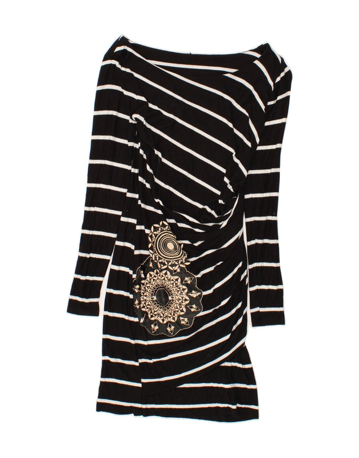 DESIGUAL Womens Graphic Basic Dress UK 10 Small Black Striped Viscose Vintage Desigual and Second-Hand Desigual from Messina Hembry 