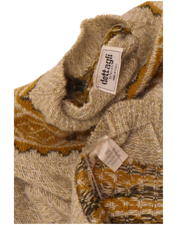 Sweter damski w stylu vintage z golfem UK 16, duży, beżowy, geometryczny, wełniany