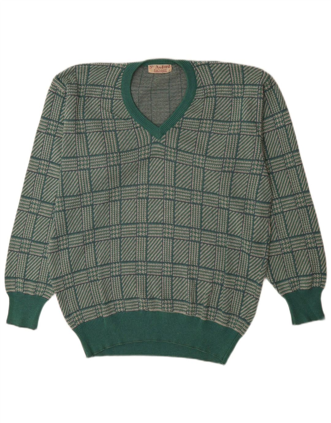 Męski sweter St. Andrews z dekoltem w szpic, duży, zielony w pepitkę