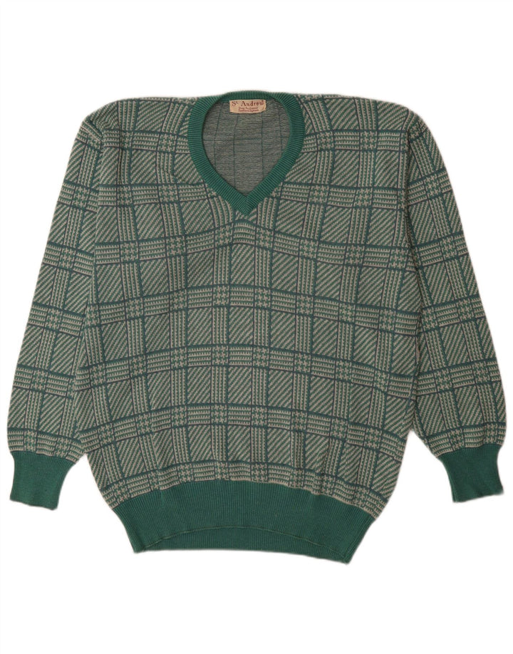 Męski sweter St. Andrews z dekoltem w szpic, duży, zielony w pepitkę