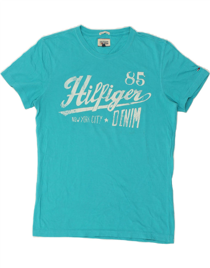 TOMMY HILFIGER Mens Graphic T-Shirt Top Medium Turquoise Cotton Vintage Tommy Hilfiger and Second-Hand Tommy Hilfiger from Messina Hembry 