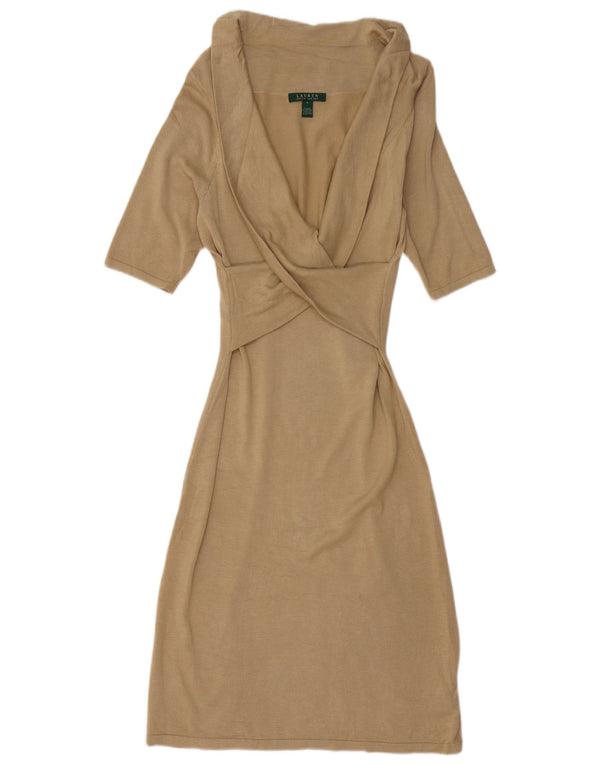 RALPH LAUREN Damska sukienka sweterkowa z rękawem 1/2 UK 10, mała, beżowa, jedwabna