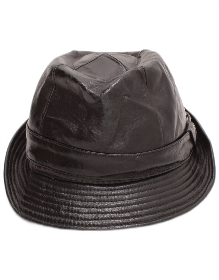 Vintage męski skórzany kapelusz Fedora, średni czarny