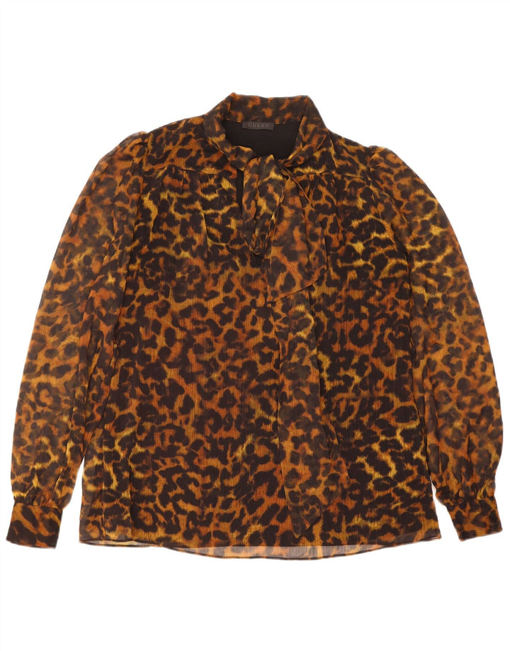 GUESS Womens Front Tie Blouse Top UK 10 Small Brown Animal Print