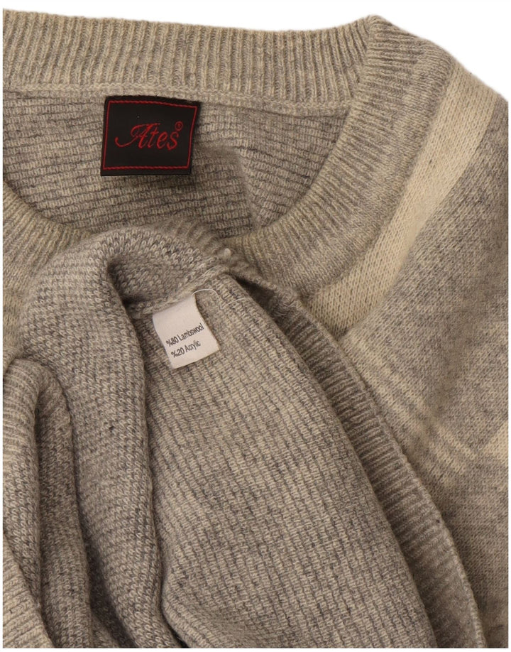 Vintage męski sweter z okrągłym dekoltem XL w szarą kratę z owczej wełny