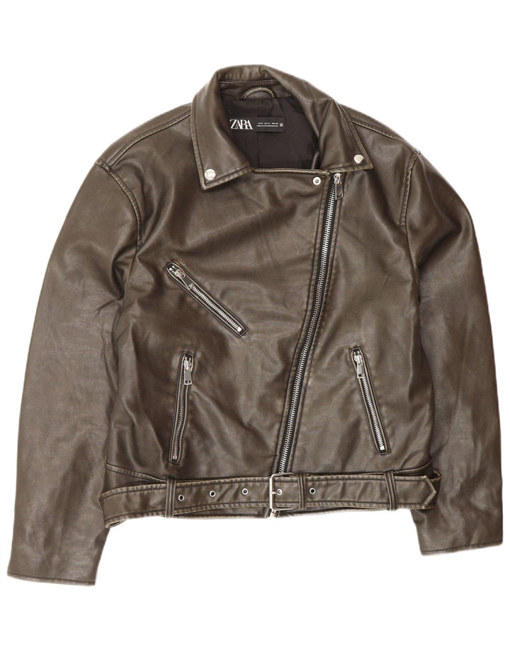 Damska skórzana kurtka motocyklowa oversize Zara UK 10, mała, brązowa, poliester