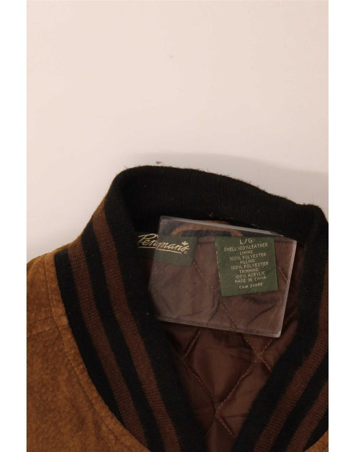 Męska zamszowa kurtka bomber w stylu vintage UK 40, duża brązowa skóra z blokami kolorów