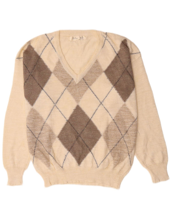 Vintage męski sweter z dekoltem w kształcie litery V, XL, biały, argyle/diamentowy len