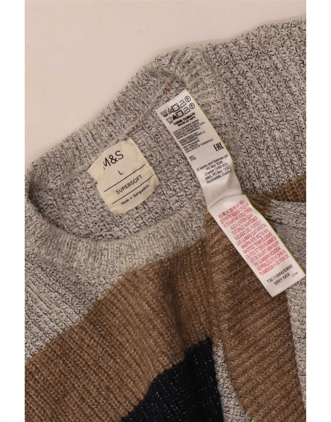 Marks & Spencer Męski sweter z okrągłym dekoltem, duży, szary, z blokami kolorów
