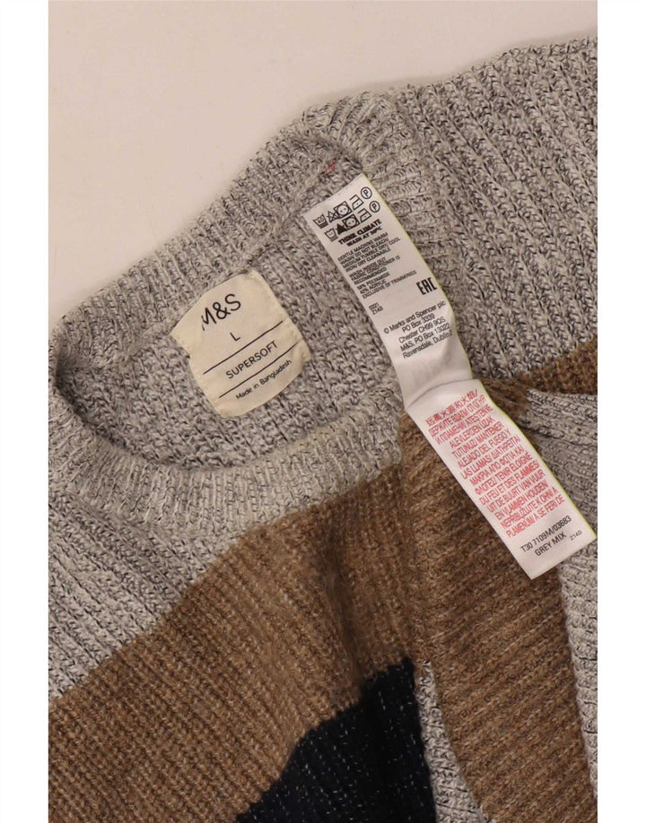 Marks & Spencer Męski sweter z okrągłym dekoltem, duży, szary, z blokami kolorów