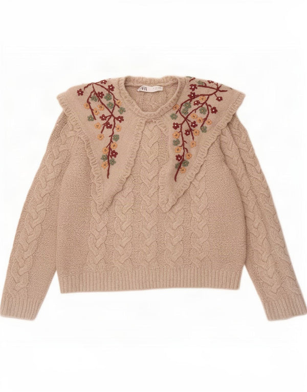 Sweter damski Zara z okrągłym dekoltem UK 14, duży, beżowy, kwiatowy