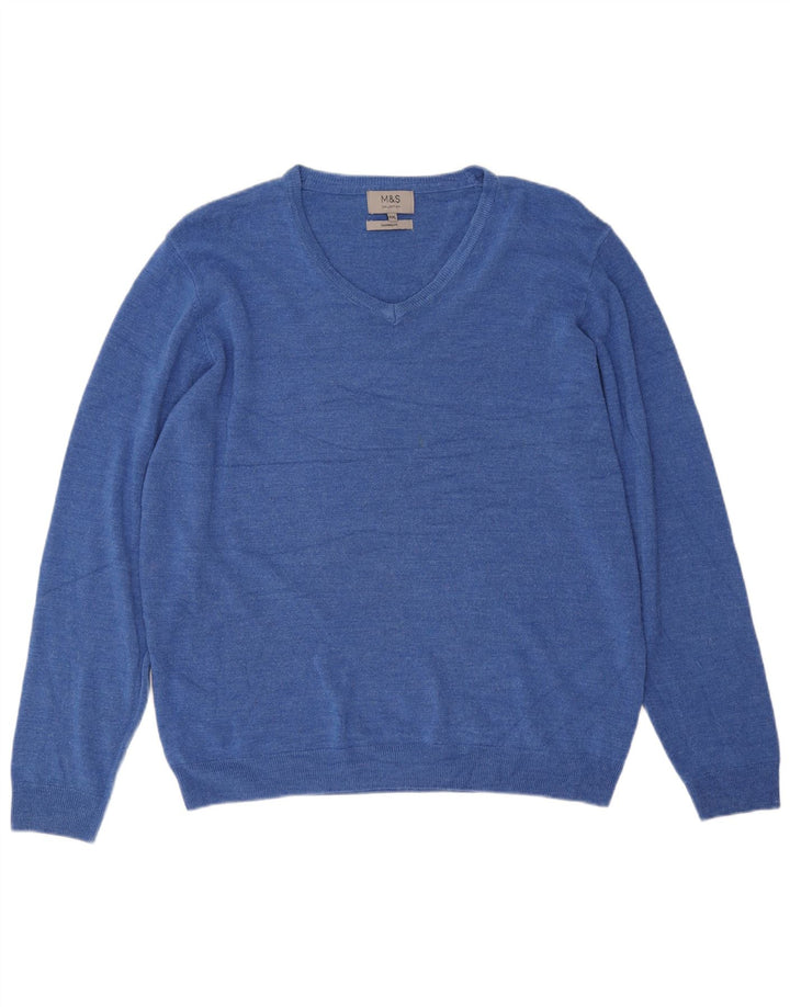 Marks & Spencer Męski sweter z dekoltem w kształcie litery V, 2XL, niebieski akryl