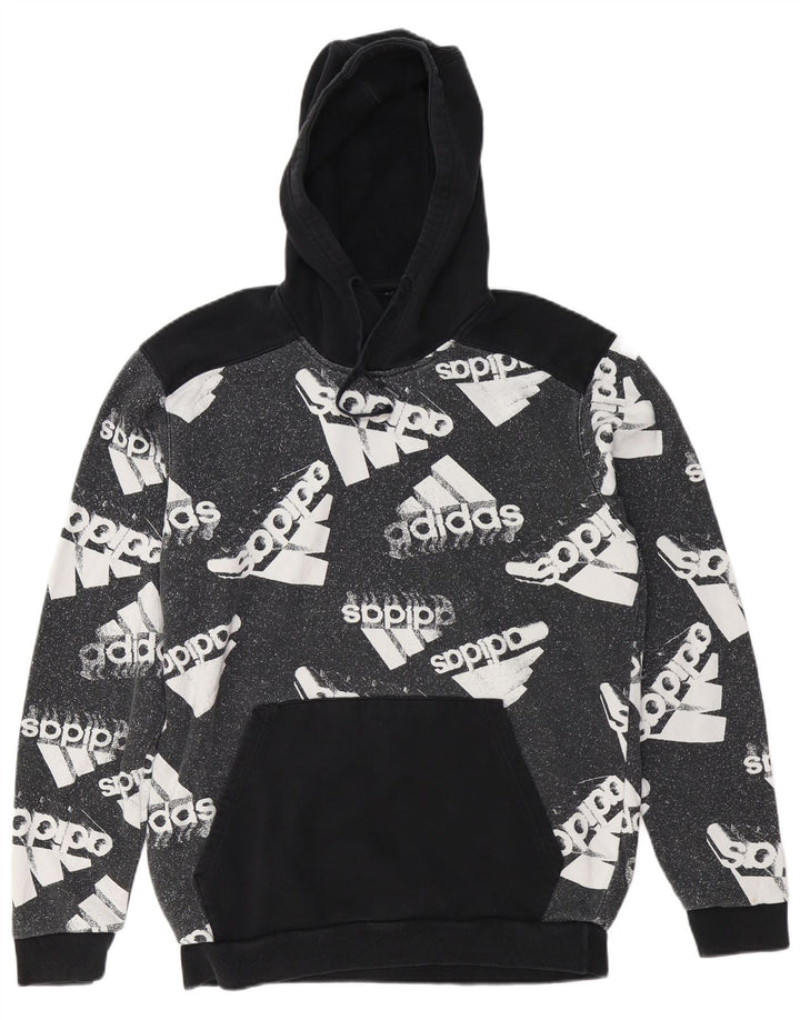 Męski sweter z kapturem ADIDAS z grafiką, duży, czarny, bawełniany z blokami kolorów