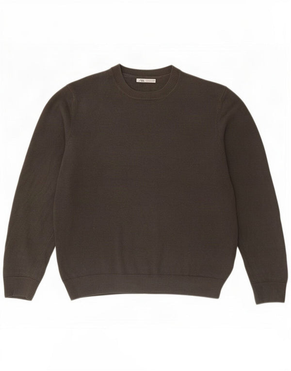 Męski sweter z okrągłym dekoltem Zara, duży, szary, lniany
