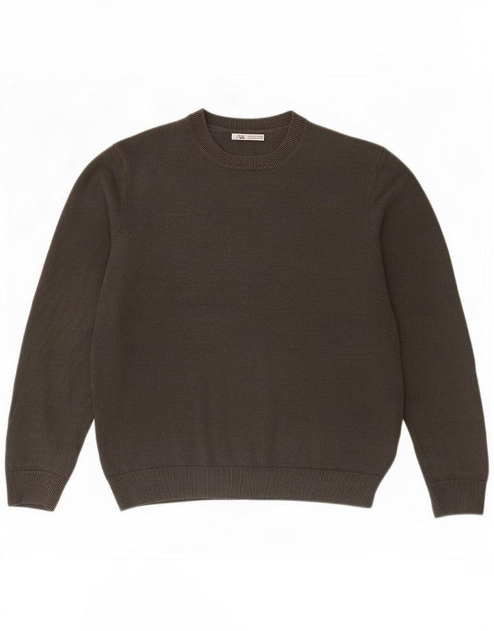 Męski sweter z okrągłym dekoltem Zara, duży, szary, lniany