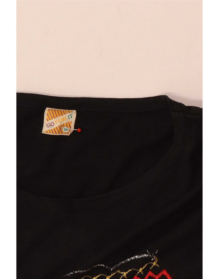 Vintage damski top graficzny z rękawem 3/4, UK 14, średni czarny bawełniany