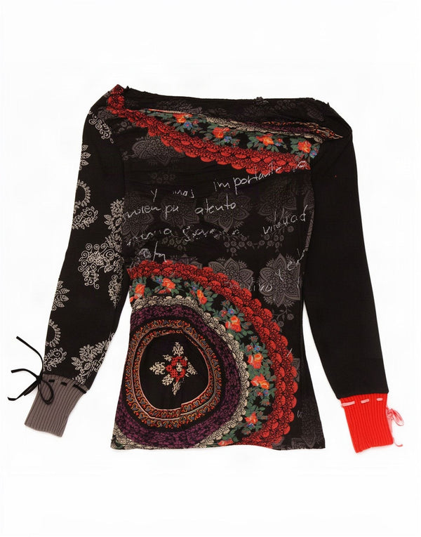 Desigual damski top graficzny z długim rękawem, UK 8, mały, czarny, z bawełny w kwiaty