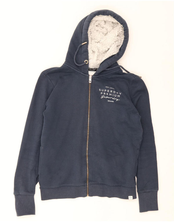 Damski sweter z kapturem Superdry z grafiką i zamkiem błyskawicznym UK 14, duży, granatowy, bawełniany