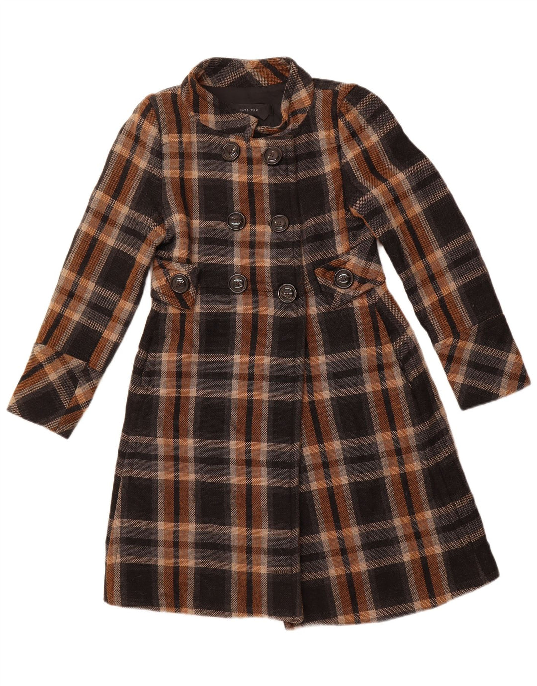 Damski płaszcz dwurzędowy ZARA UK 14, duży, akrylowy, w czarną kratę