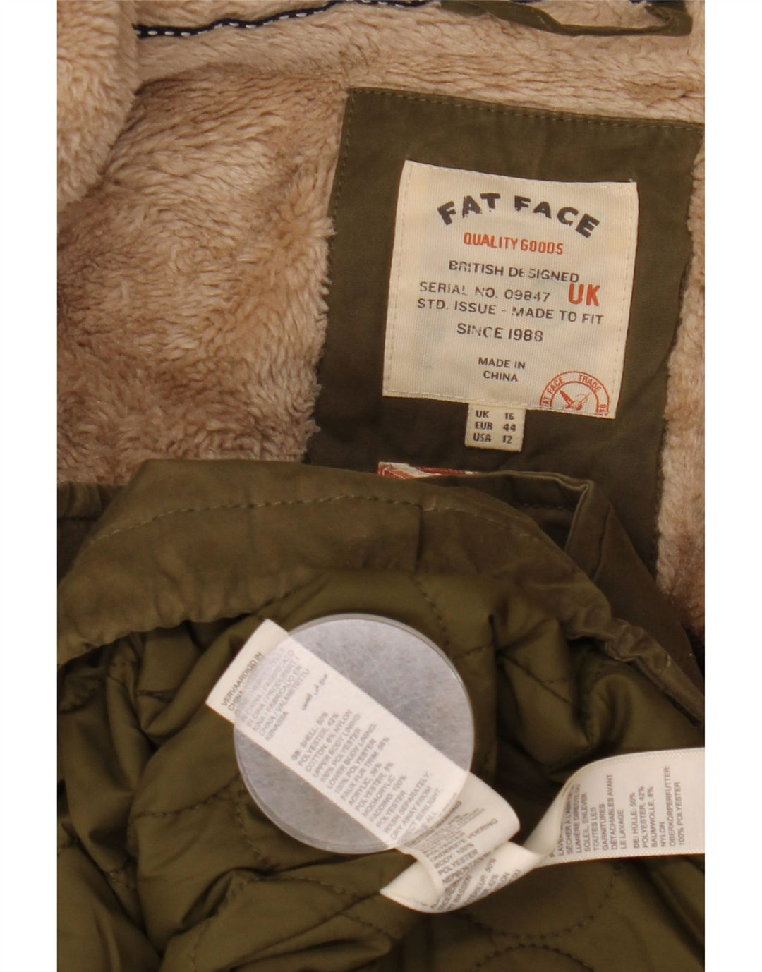 Damska kurtka parka z kapturem FAT FACE UK 16, duży poliester khaki