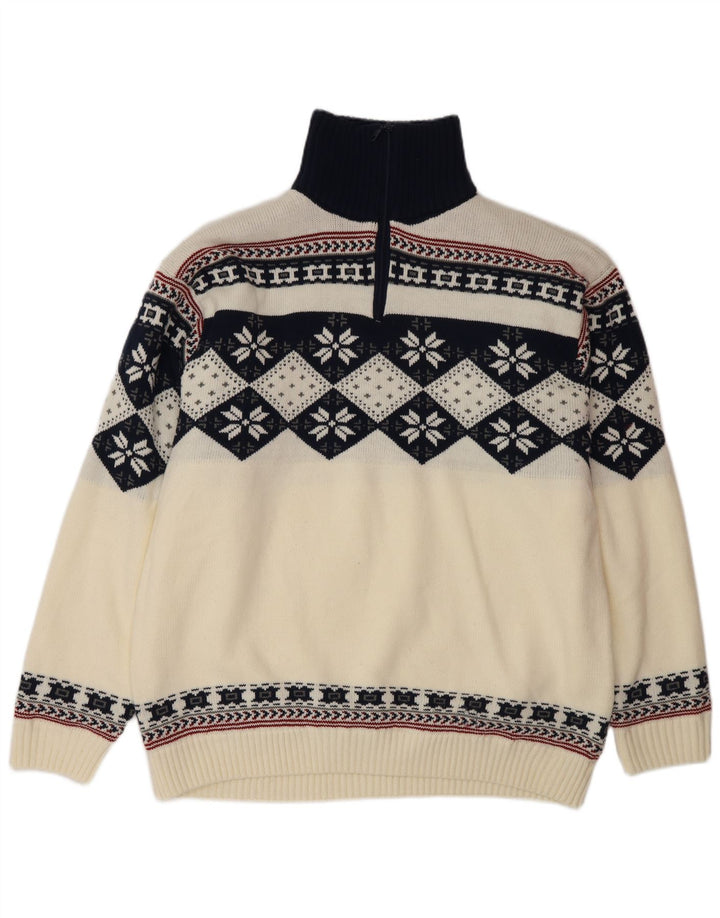 Vintage męski sweter z zamkiem błyskawicznym, duży, biały, poliakrylowy Fair Isle