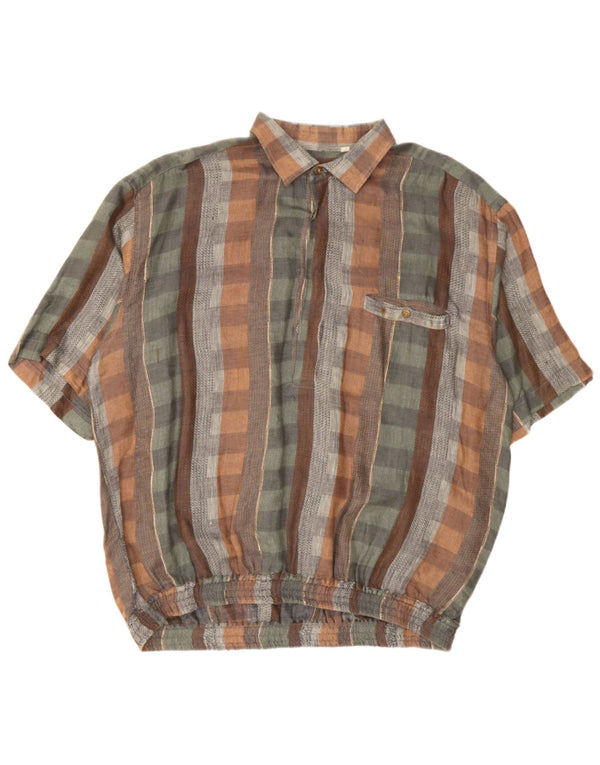 Vintage męska koszula pulowerowa z krótkim rękawem XL, wielokolorowa lniana krata