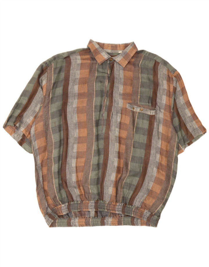 Vintage męska koszula pulowerowa z krótkim rękawem XL, wielokolorowa lniana krata