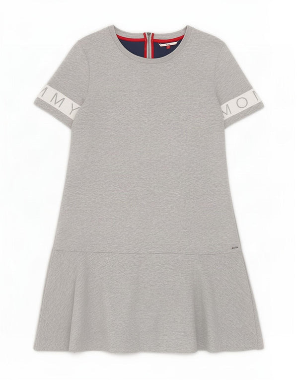 Damska graficzna sukienka o linii A Tommy Hilfiger UK 16, duża, szara, z blokami kolorów
