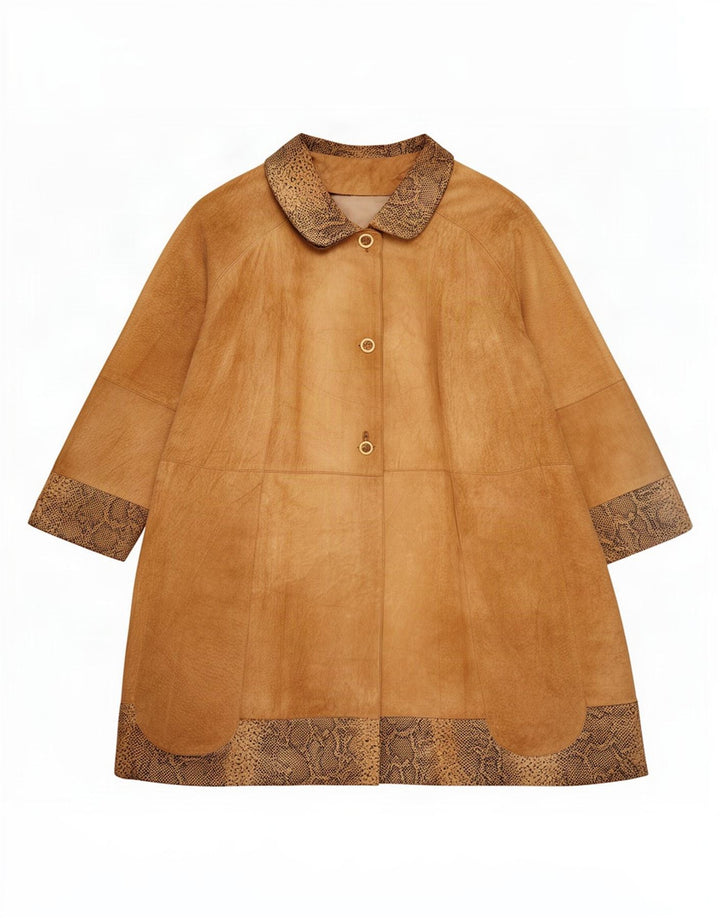 Vintage damski oversize'owy zamszowy płaszcz IT 42 średni brązowy nadruk zwierzęcy