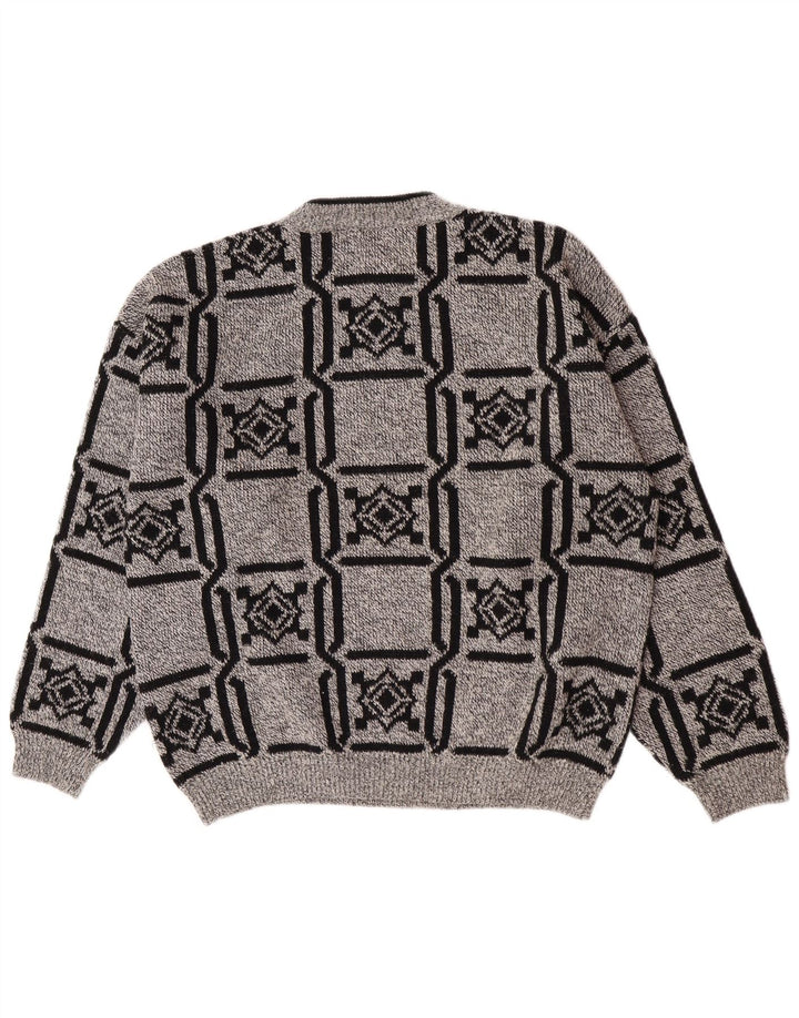 Męski sweter Stefanel z okrągłym dekoltem, duży, szary, geometryczny, wełniany